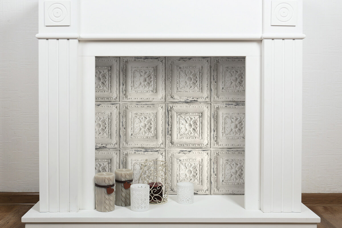 Decorative fireplace with peel & stick wallpaper
